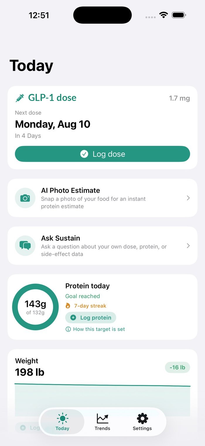 The Sustain Today screen showing next dose, protein progress and weight trend.